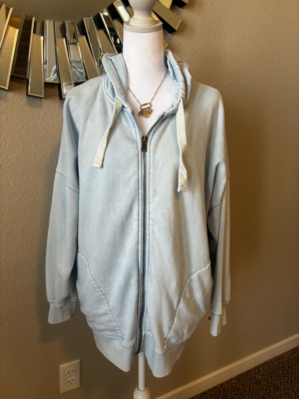 Relaxed Light Blue Zip-Up Hoodie with Drawstring Hood